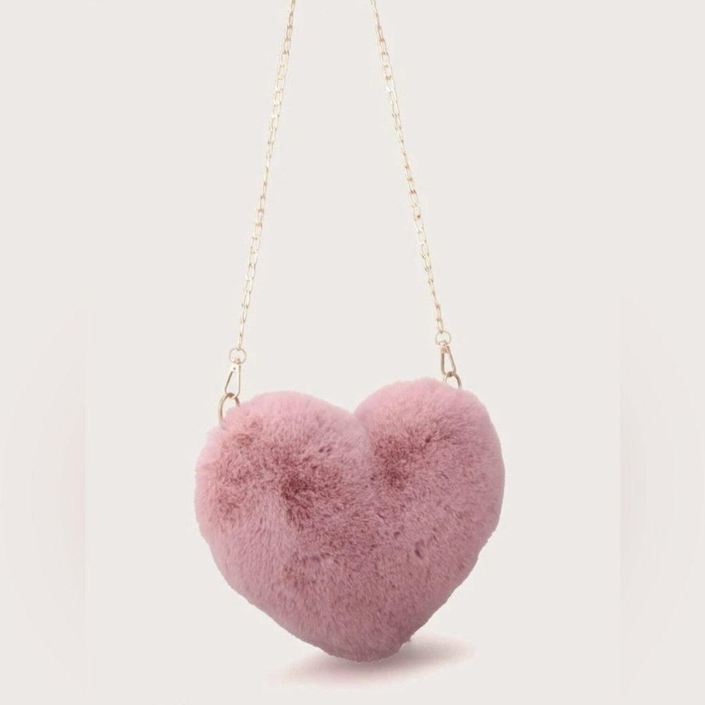 Pink Heart-Shaped Faux Fur Shoulder Bag gold chain womens